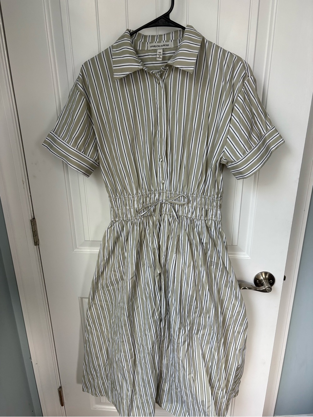 Harlow and Rose Olive striped short sleeve midi.